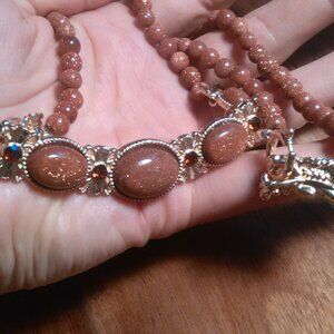 Gold Sandstone and Brown Austrian Crystal Beaded Goldtone Dragon Necklace